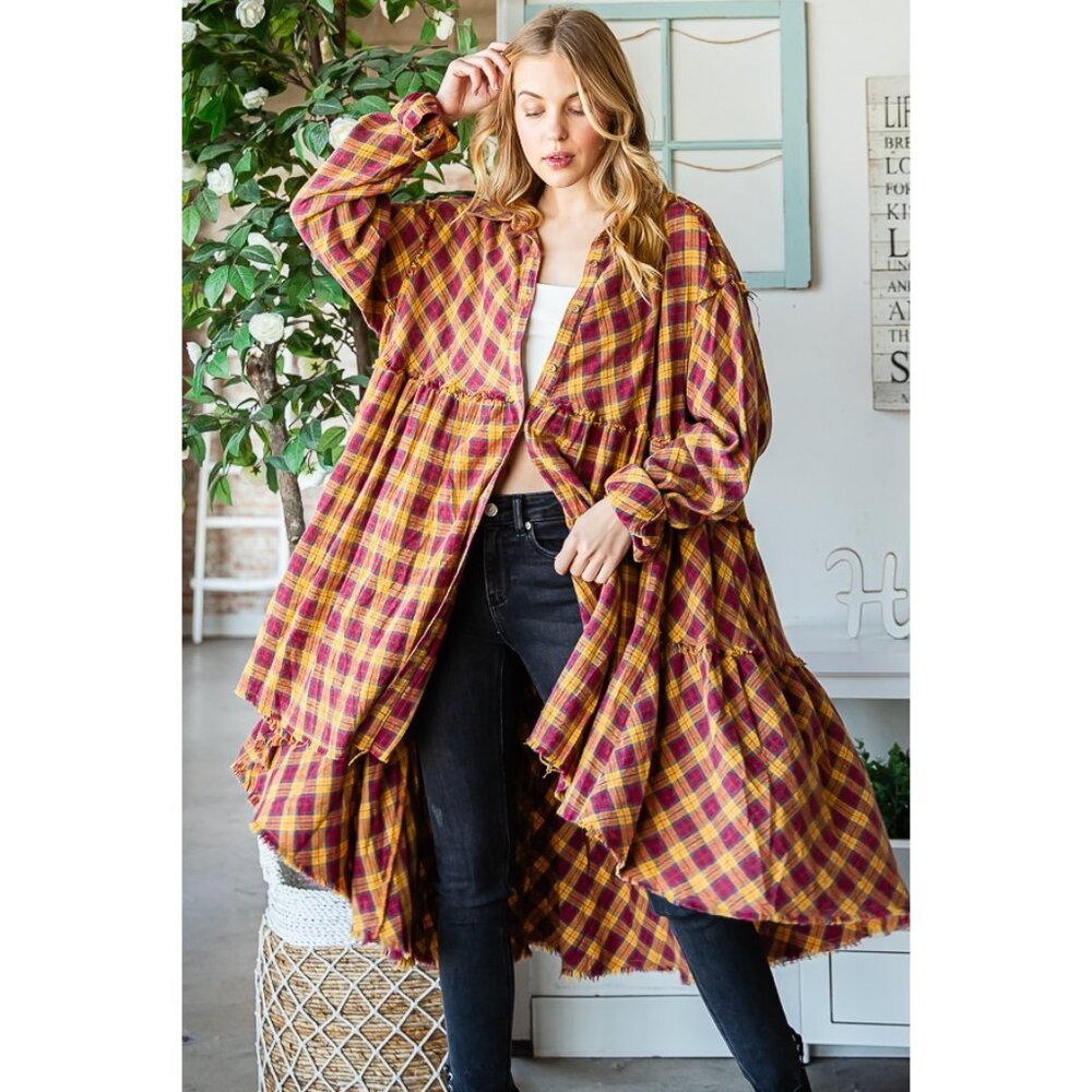 Oli & Hali Mustard and Burgundy Plaid Tiered Button-Front Tunic